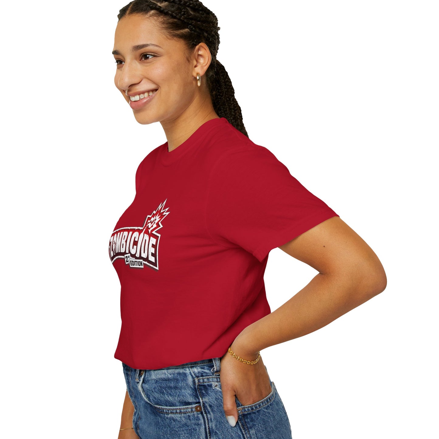 Printify red zombicide gamer t-shirt worn by smiling woman with braided hair and blue jeans