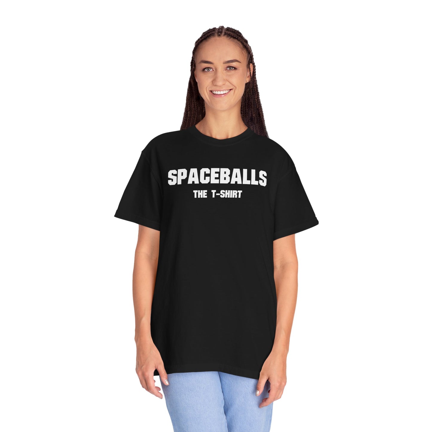 Black Spaceballs movie shirt for fans with white text worn by smiling woman