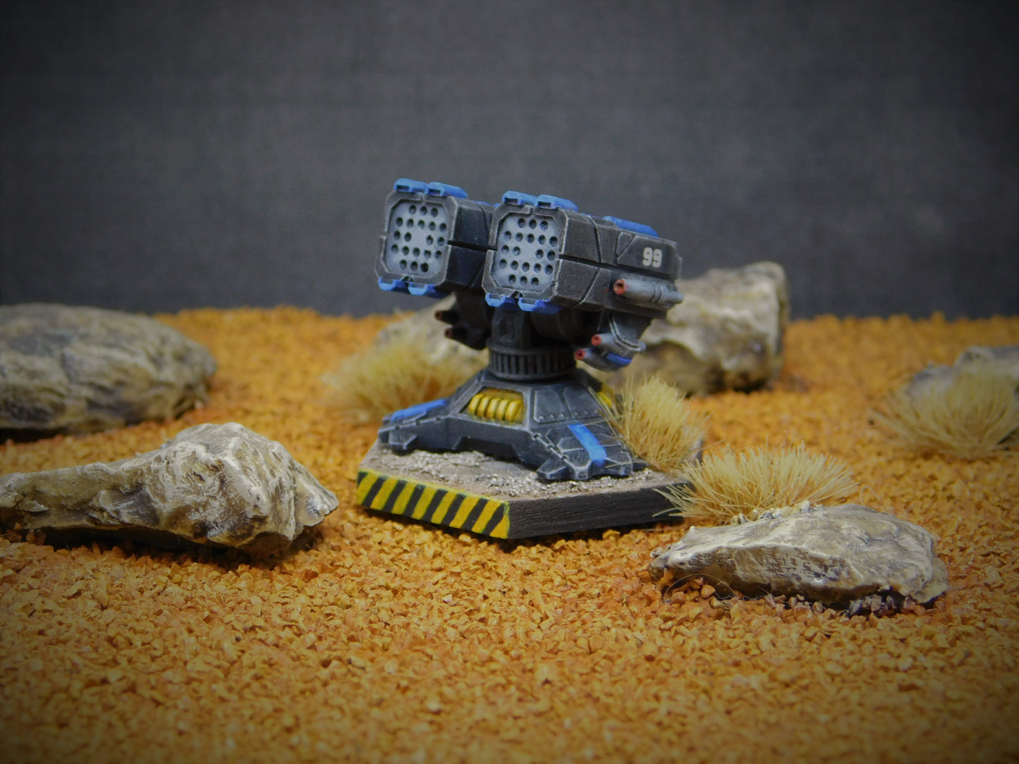 Muse missile turret for wargaming 3d print model by Cross Electric Designs on a textured battlefield base
