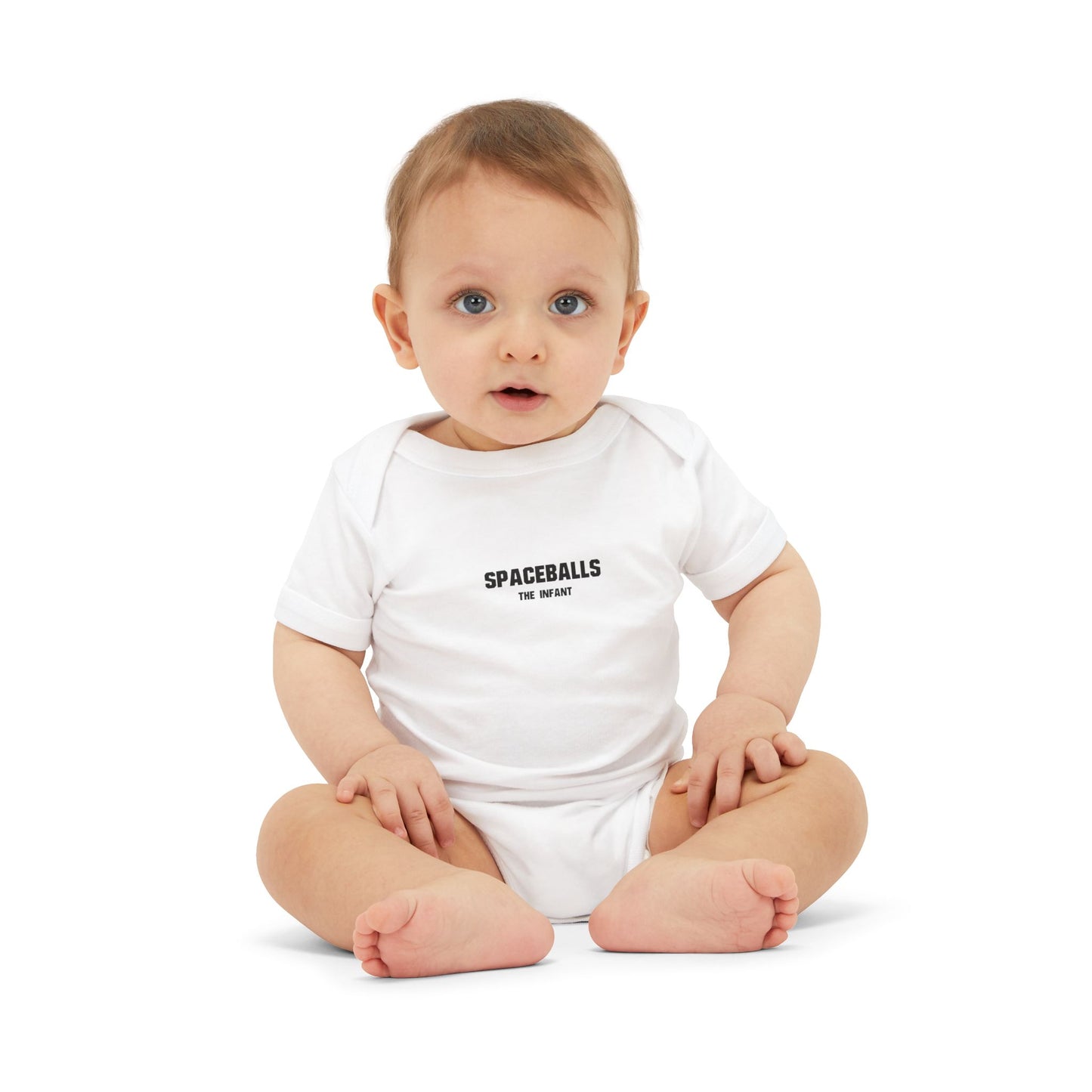 Baby wearing a white Spaceballs baby bodysuit sitting on a white background