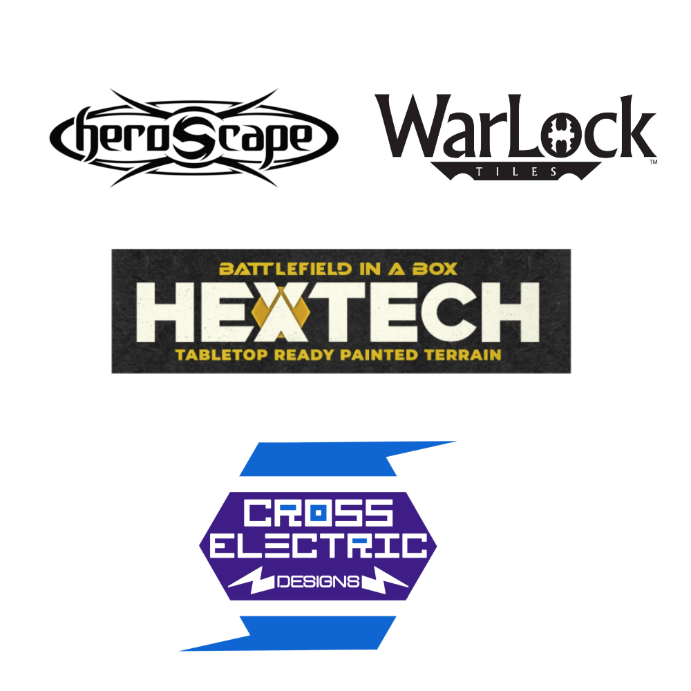 Modular terrain for tabletop games collection featuring HeroScape, Hextech, and WarLock Tiles logos