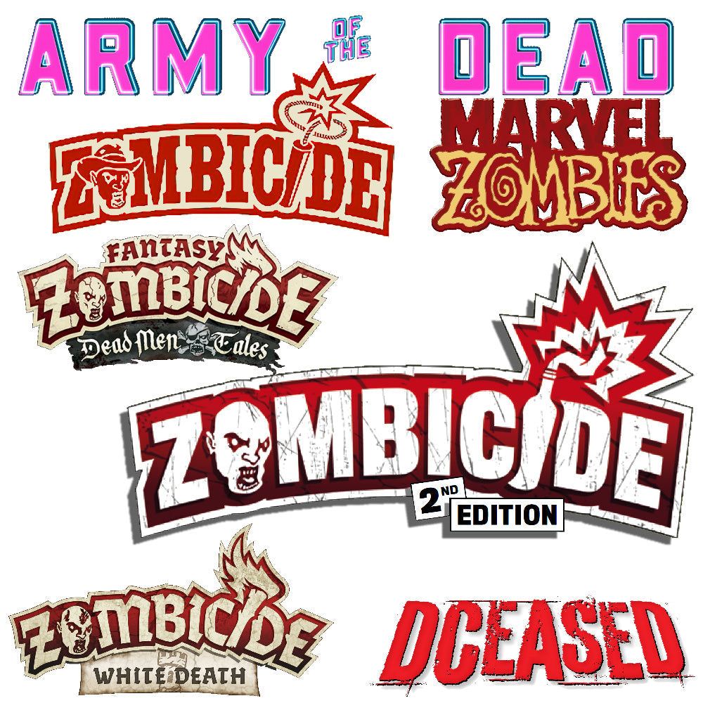 Zombicide board game logo with distressed white letters and red background featuring a zombie face and explosion graphic