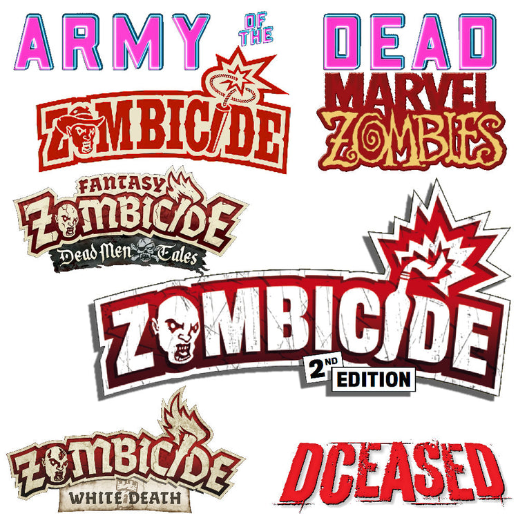 Zombicide board game logo with distressed white letters and red background featuring a zombie face and explosion graphic