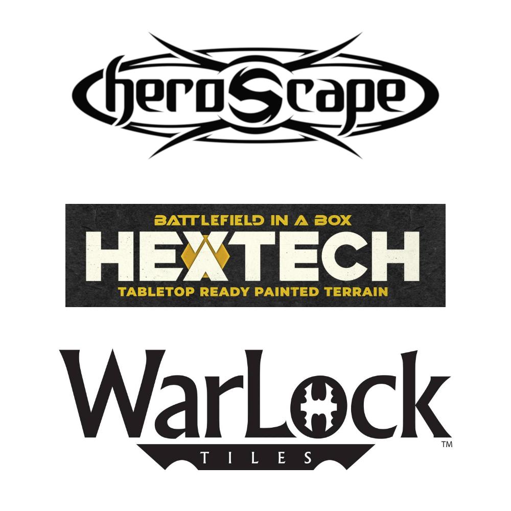 Modular terrain for tabletop games collection featuring HeroScape, Hextech, and WarLock Tiles logos