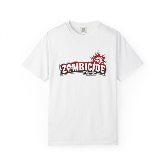 White Printify T-shirt with Zombicide 2nd Edition graphic logo on front