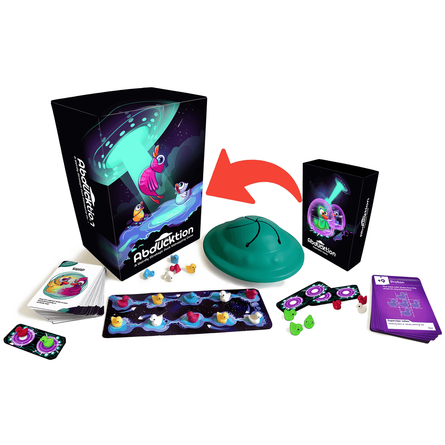 Abducktion Base Game and IntergalacDuck Research Expansion with game pieces and cards for family fun