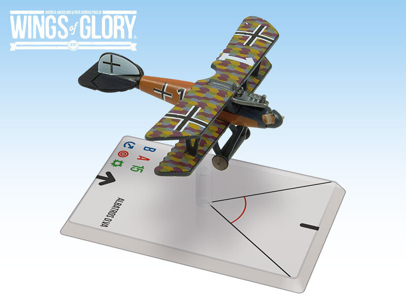 Wings of Glory: Albatros D.V. model airplane with detailed camouflage design and flight maneuver card