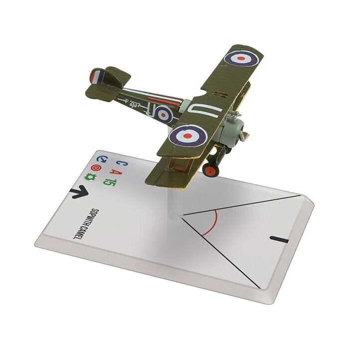 Wings of Glory: Sopwith Camel model airplane with details on a clear stand and maneuver card